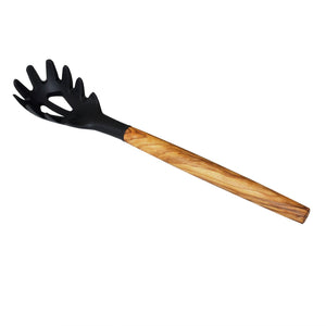 Silicone Spaghetti Server (Black), Olive Wood Handle - 12"